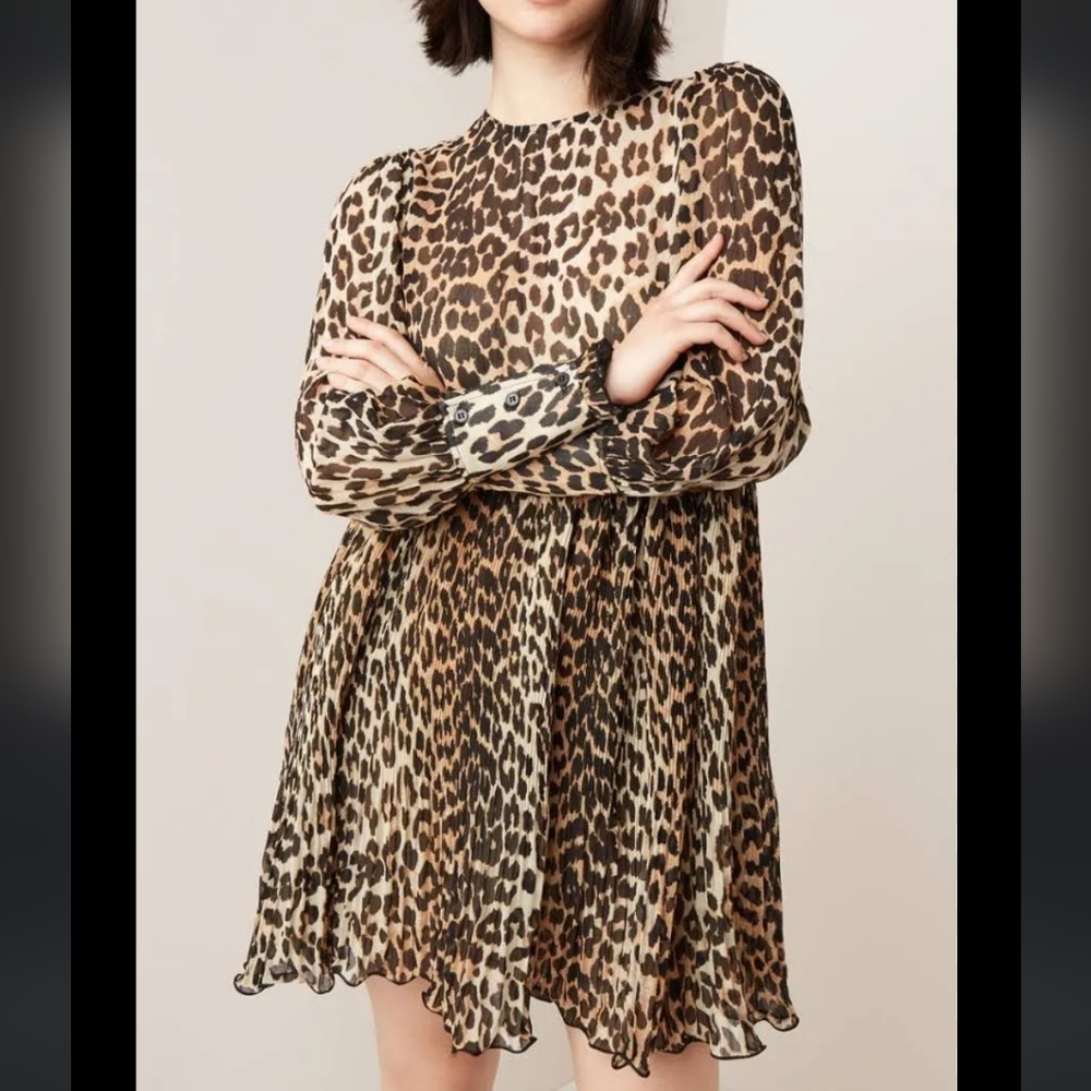 GANNI Pleated Georgette Mini Dress Leopard Babydoll Oversized Size 34 US Small - Picture 4 of 7